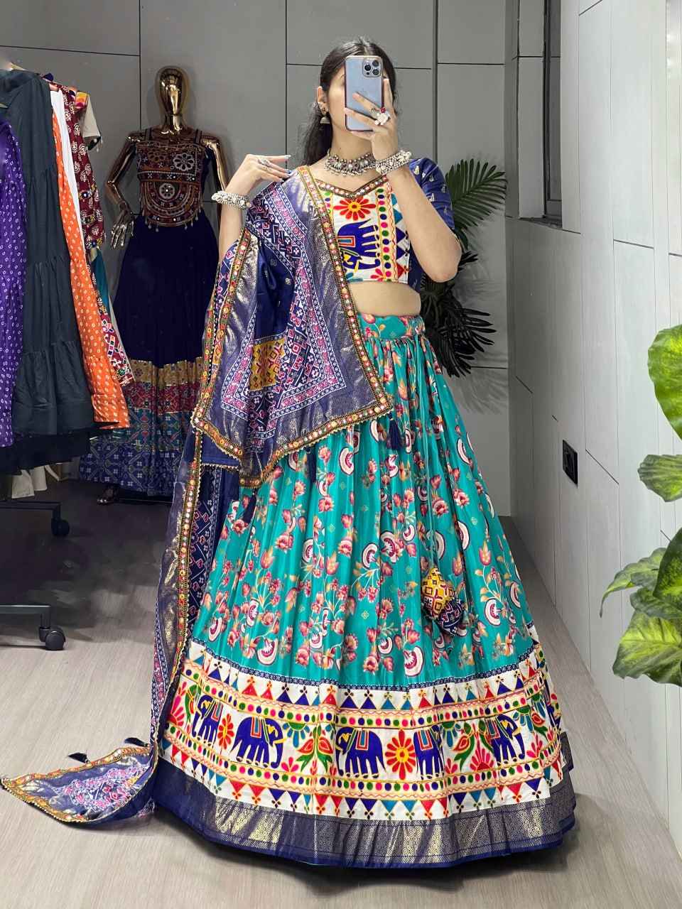 Firozi Pure Dola Silk Floral Print with Traditional Kutchi Work Navratri Lehenga Choli