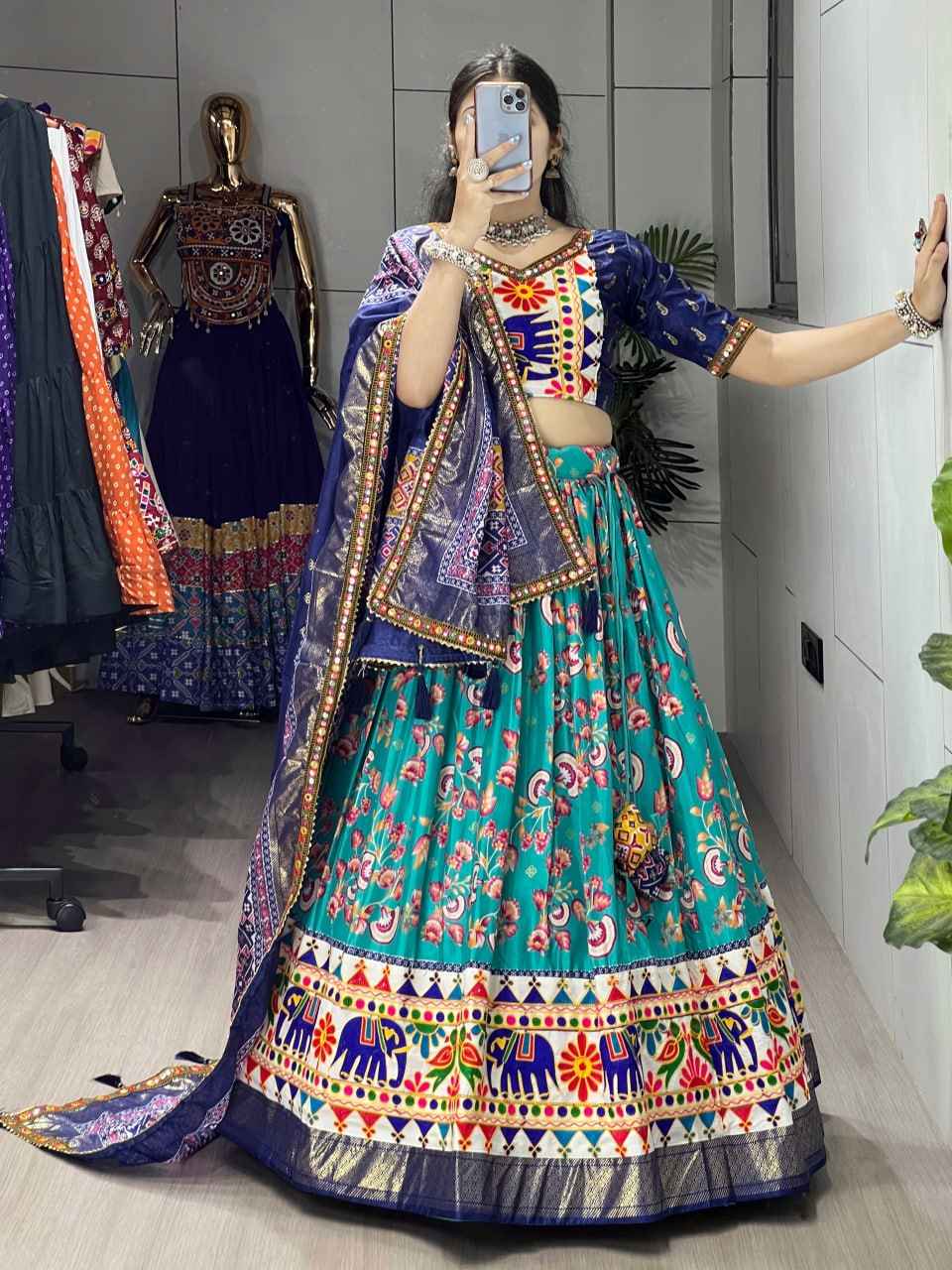 Firozi Pure Dola Silk Floral Print with Traditional Kutchi Work Navratri Lehenga Choli