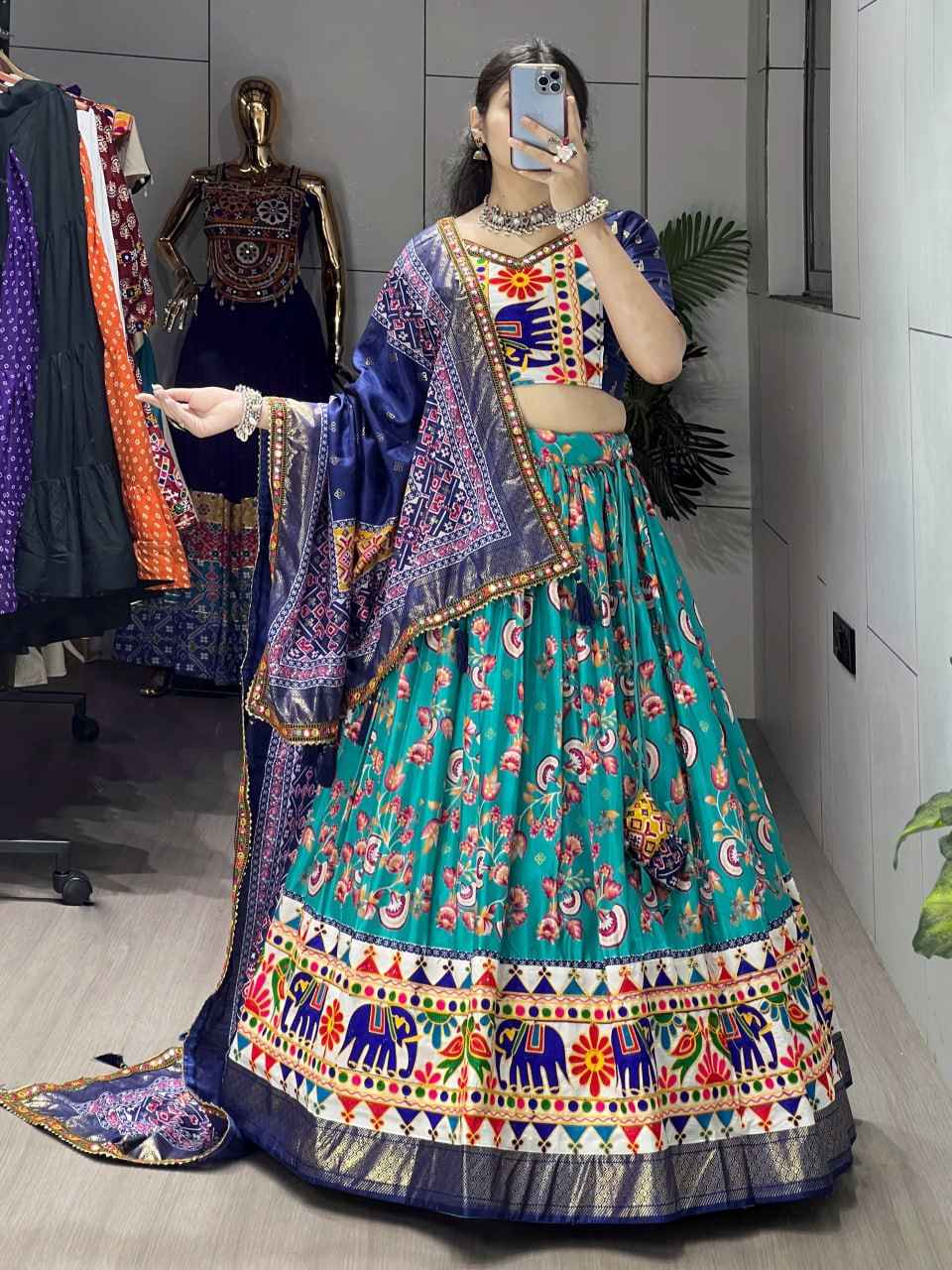 Firozi Pure Dola Silk Floral Print with Traditional Kutchi Work Navratri Lehenga Choli