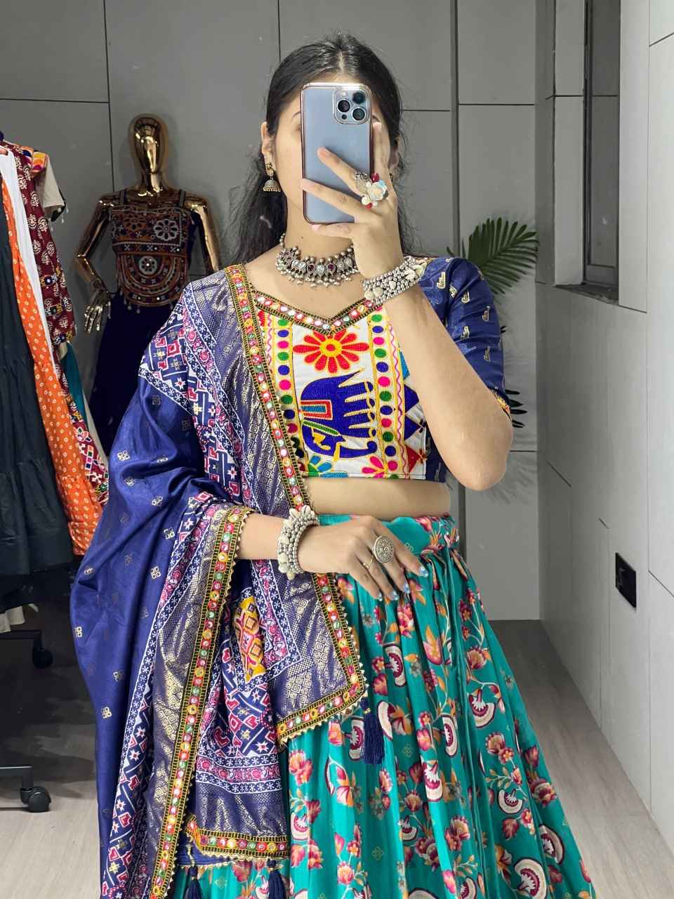 Firozi Pure Dola Silk Floral Print with Traditional Kutchi Work Navratri Lehenga Choli