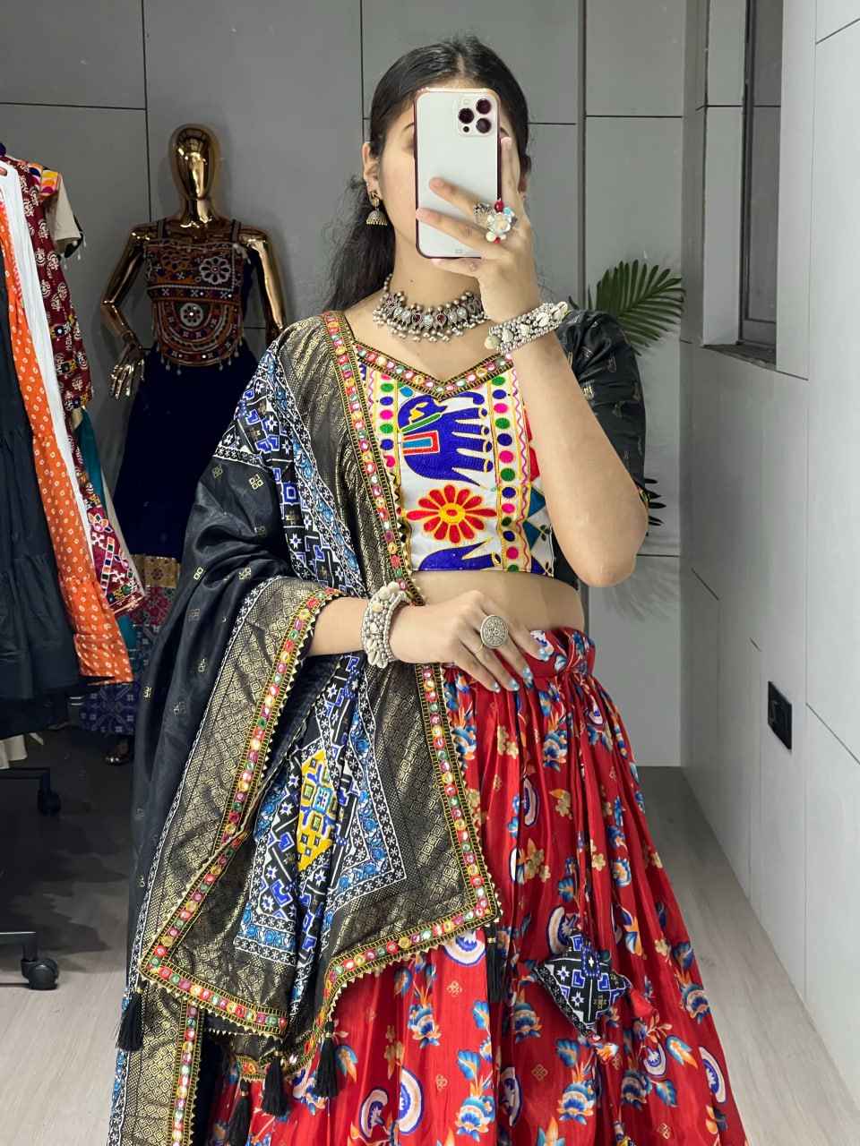 Red Pure Dola Silk Floral Print with Traditional Kutchi Work Navratri Lehenga Choli