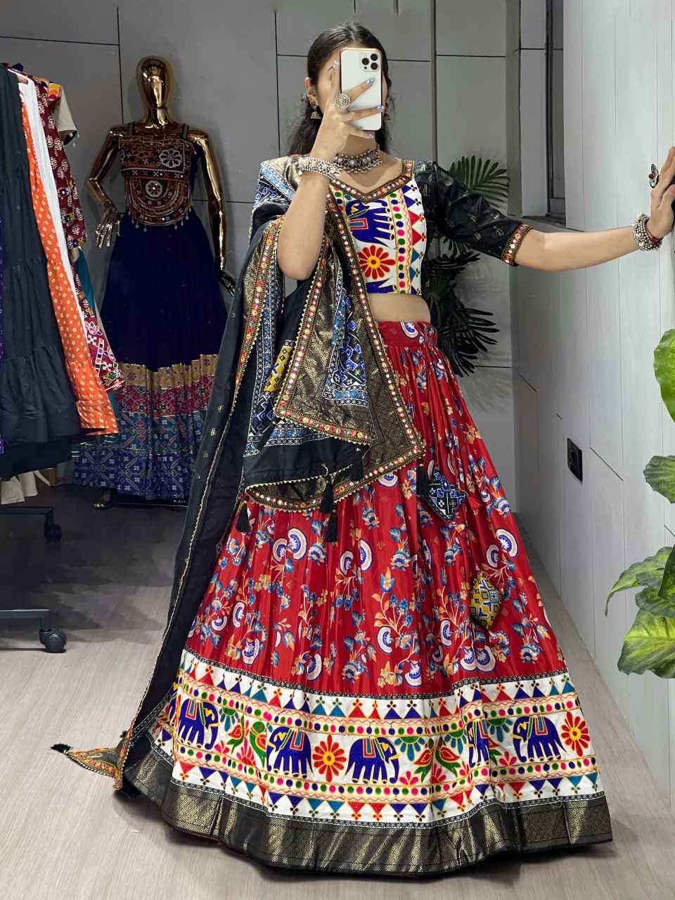 Red Pure Dola Silk Floral Print with Traditional Kutchi Work Navratri Lehenga Choli
