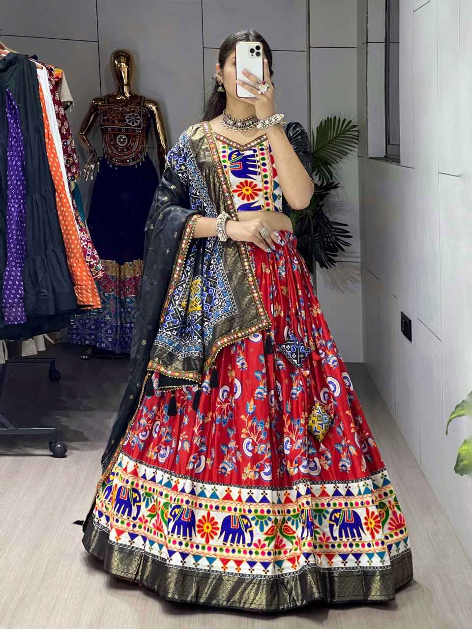 Red Pure Dola Silk Floral Print with Traditional Kutchi Work Navratri Lehenga Choli
