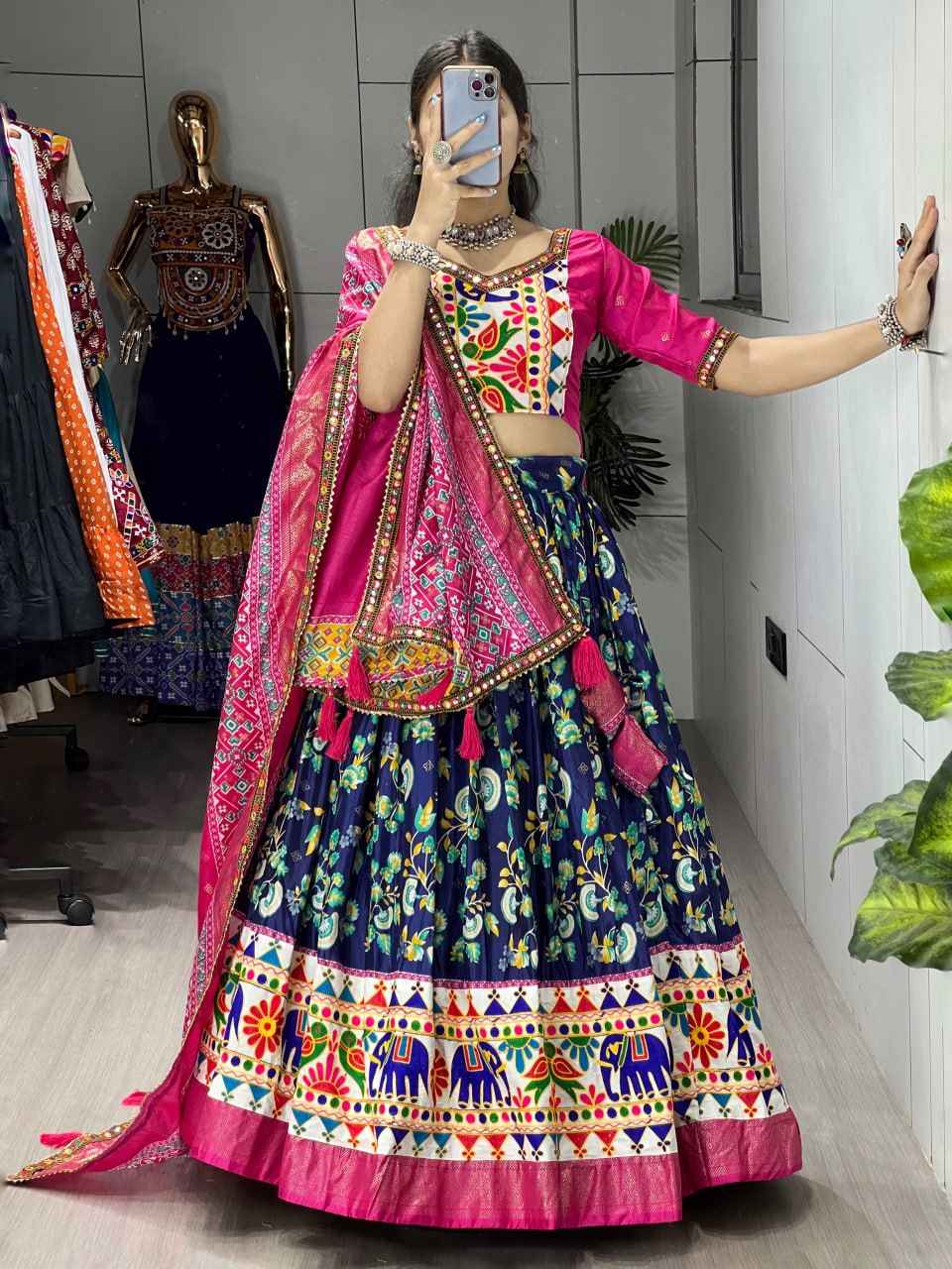 Navy Blue Pure Dola Silk Floral Print with Traditional Kutchi Work Navratri Lehenga Choli