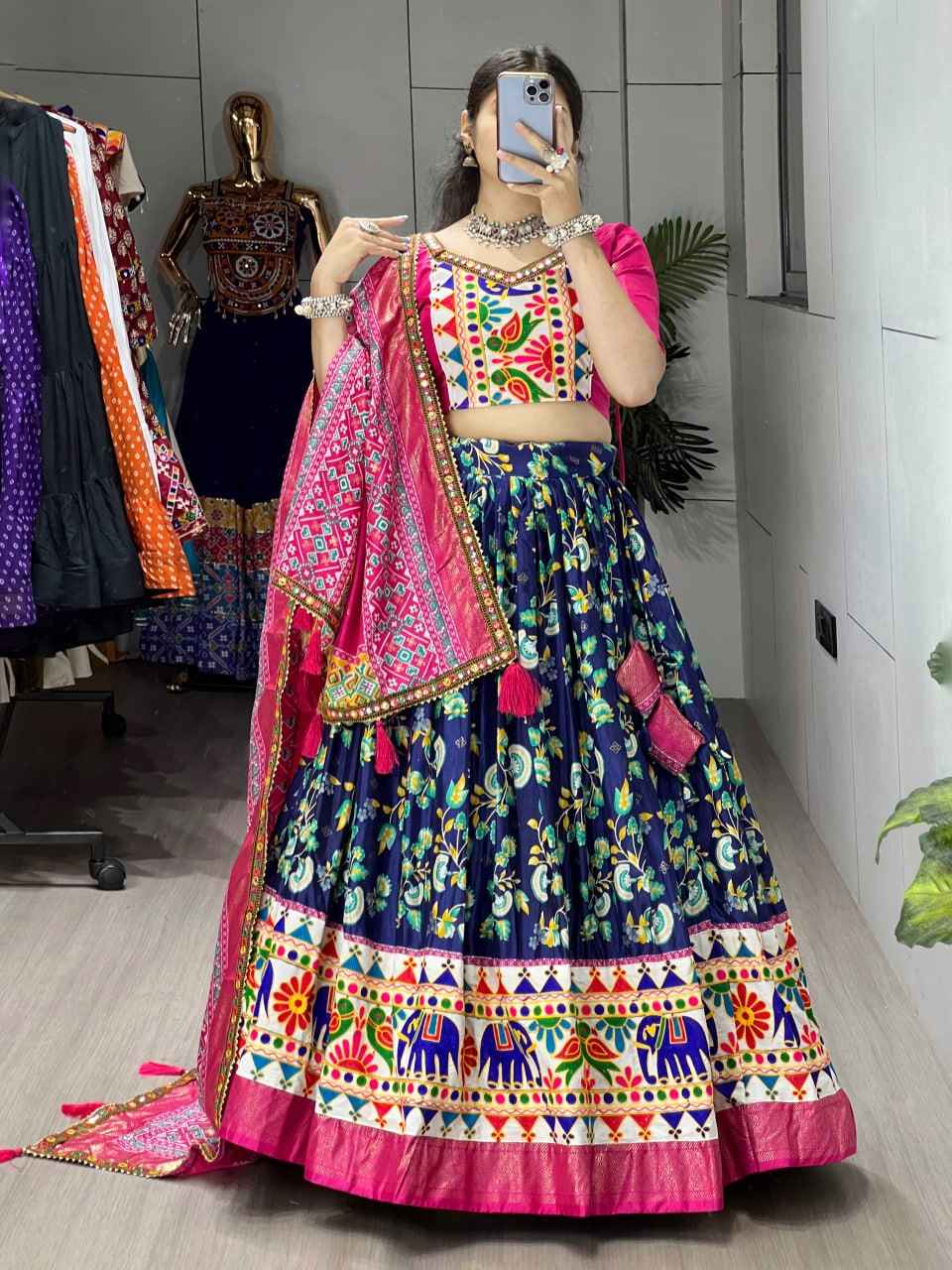 Navy Blue Pure Dola Silk Floral Print with Traditional Kutchi Work Navratri Lehenga Choli