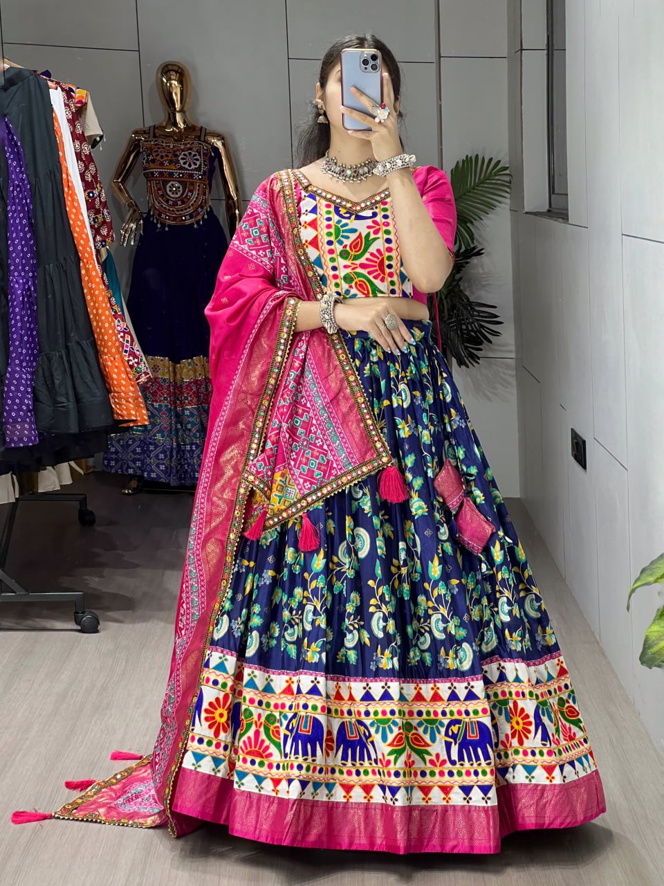 Navy Blue Pure Dola Silk Floral Print with Traditional Kutchi Work Navratri Lehenga Choli