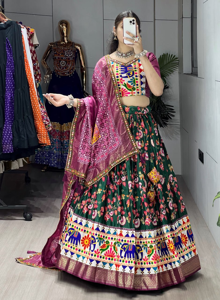 Green Pure Dola Silk Floral Print with Traditional Kutchi Work Navratri Lehenga Choli