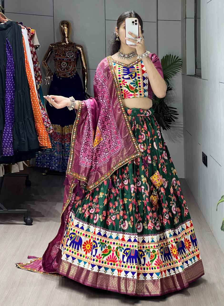 Green Pure Dola Silk Floral Print with Traditional Kutchi Work Navratri Lehenga Choli