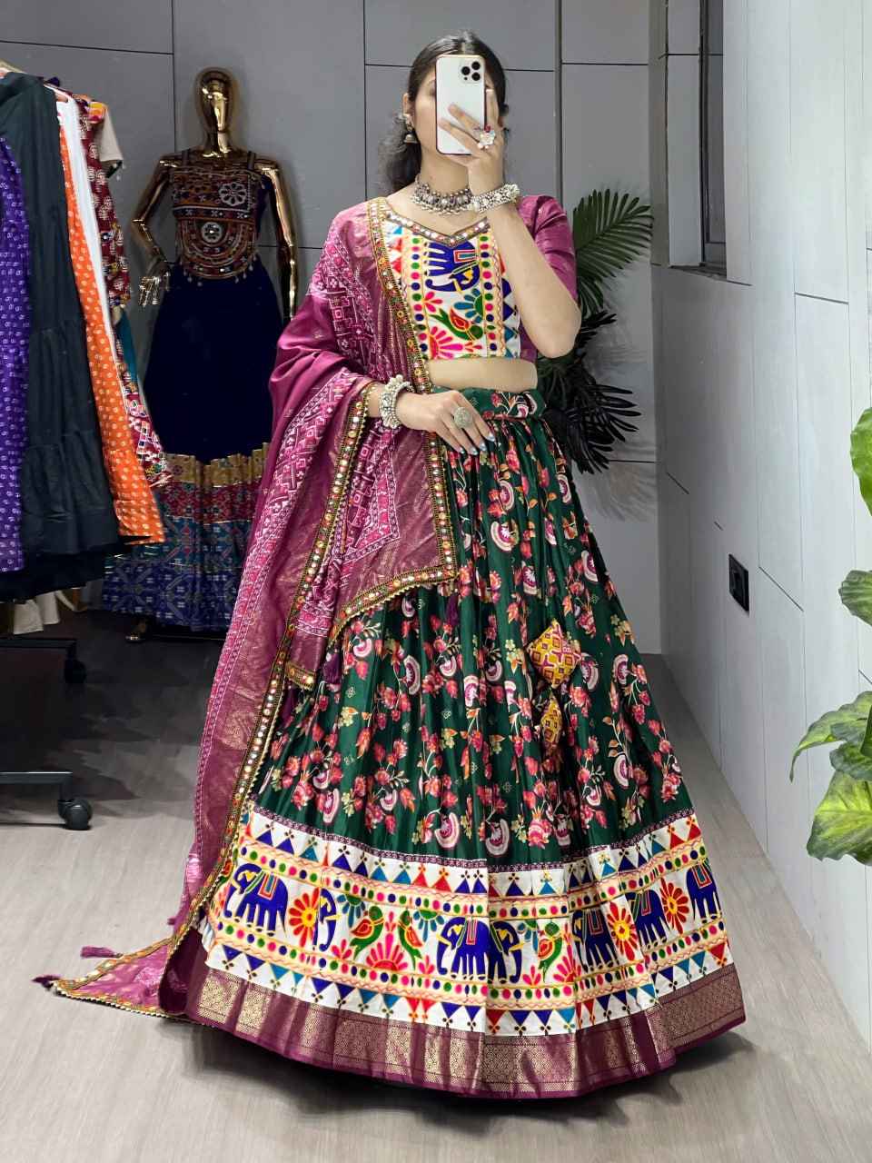 Green Pure Dola Silk Floral Print with Traditional Kutchi Work Navratri Lehenga Choli