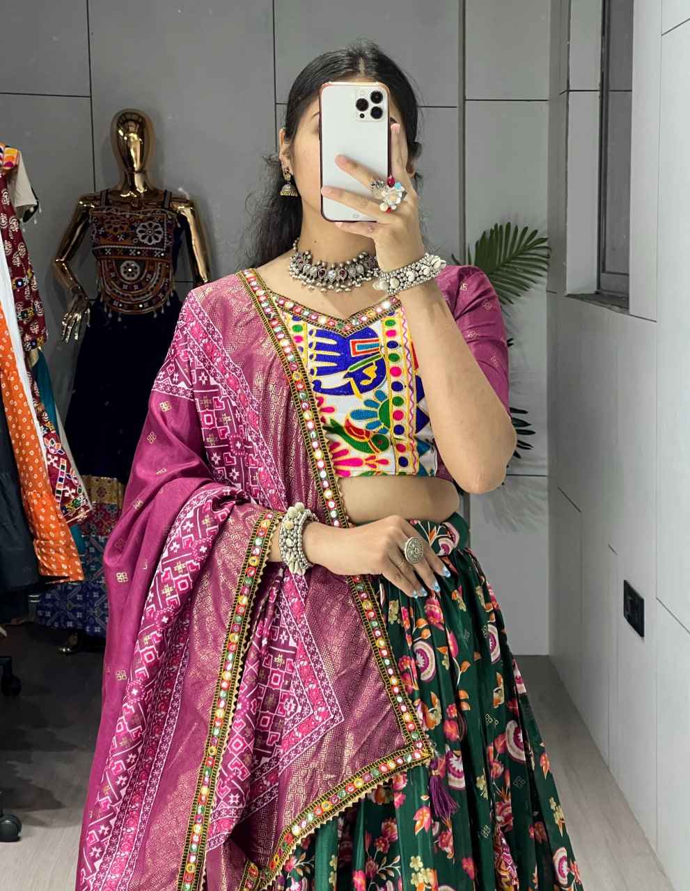 Green Pure Dola Silk Floral Print with Traditional Kutchi Work Navratri Lehenga Choli