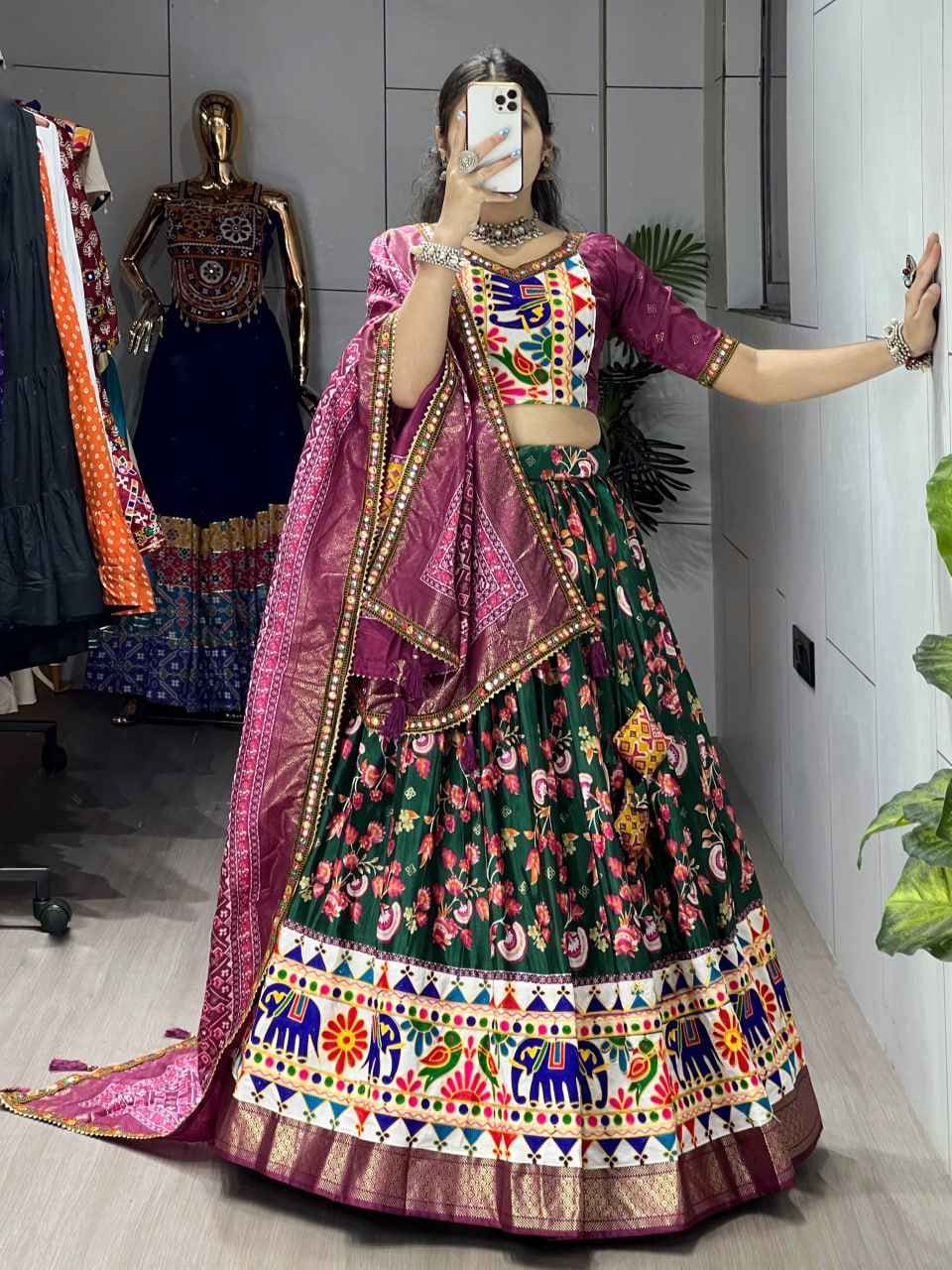 Green Pure Dola Silk Floral Print with Traditional Kutchi Work Navratri Lehenga Choli