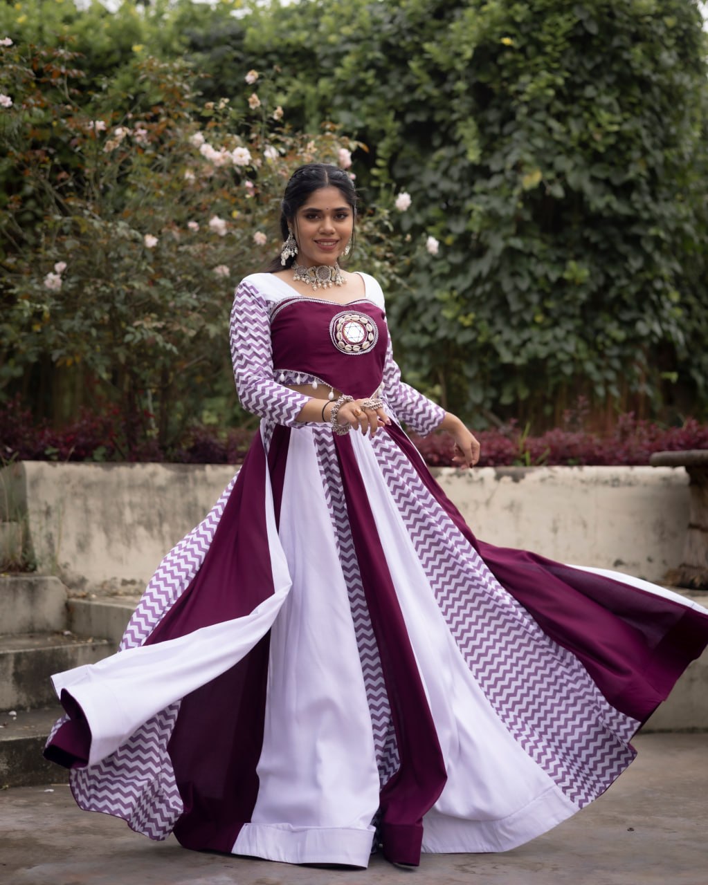 Wine Pure Rayon Cotton With Muslin Strips Navratri Lehenga Choli