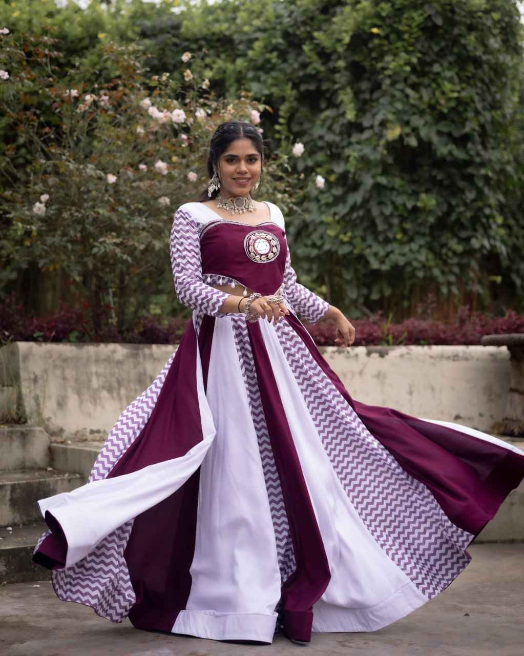 Wine Pure Rayon Cotton With Muslin Strips Navratri Lehenga Choli