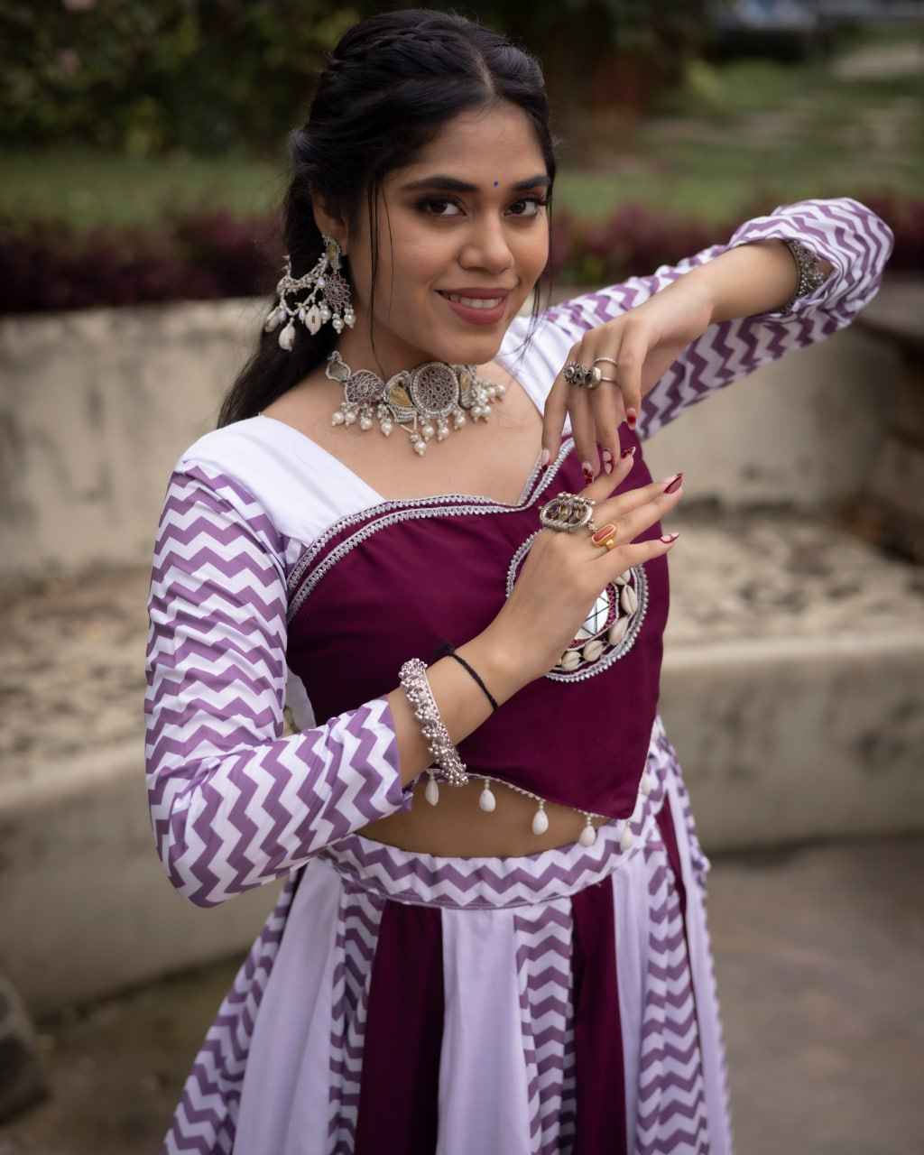 Wine Pure Rayon Cotton With Muslin Strips Navratri Lehenga Choli