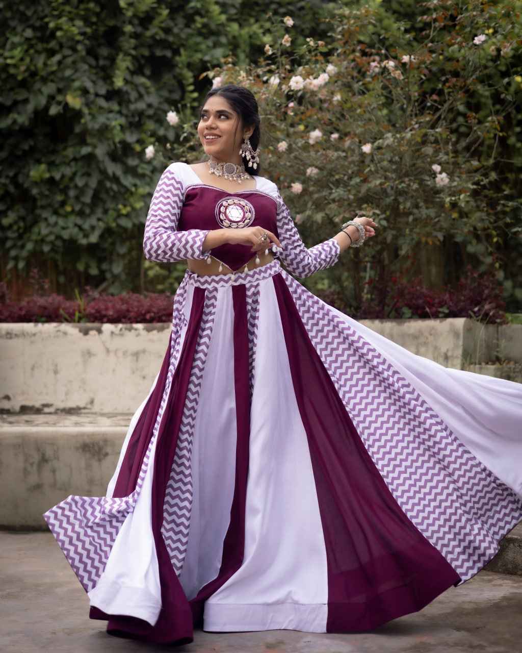 Wine Pure Rayon Cotton With Muslin Strips Navratri Lehenga Choli