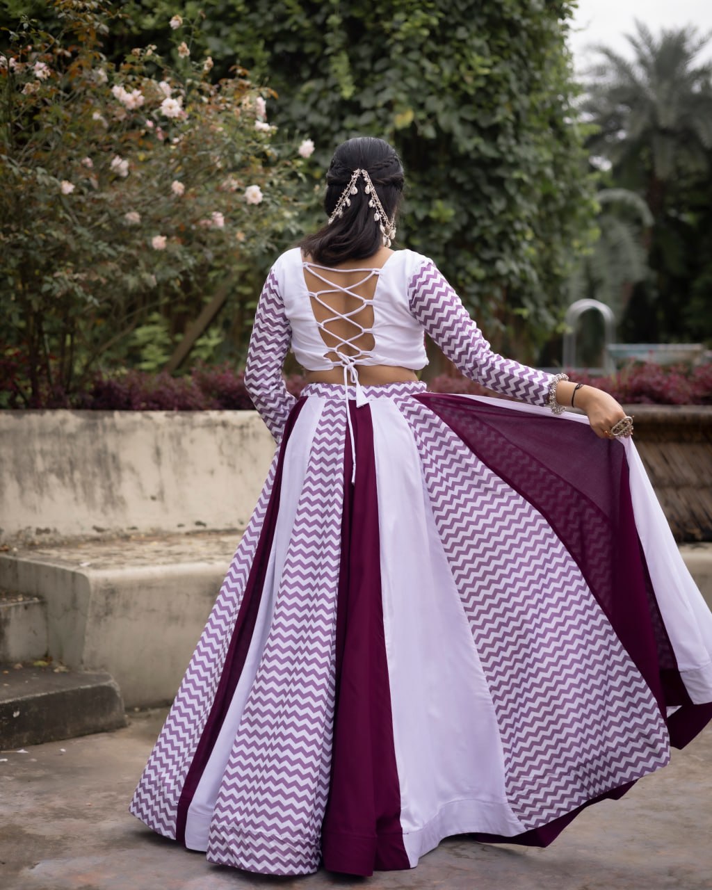Wine Pure Rayon Cotton With Muslin Strips Navratri Lehenga Choli