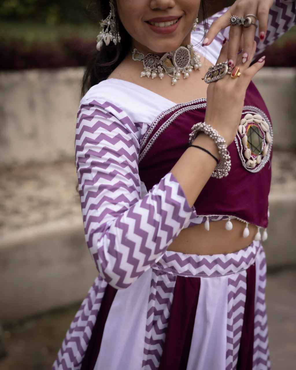 Wine Pure Rayon Cotton With Muslin Strips Navratri Lehenga Choli