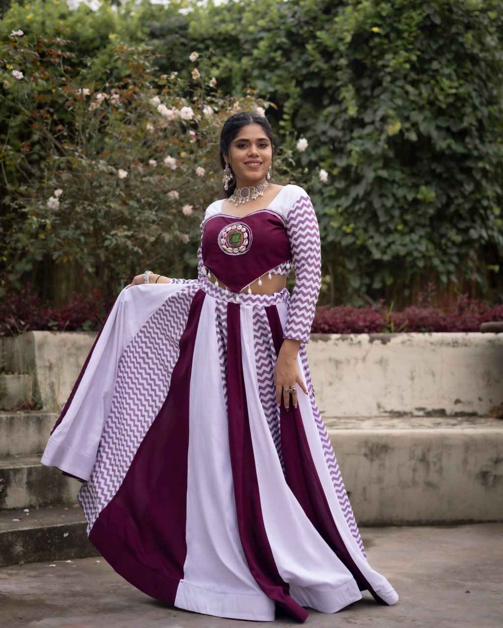 Wine Pure Rayon Cotton With Muslin Strips Navratri Lehenga Choli