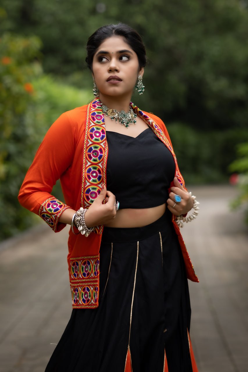 Orange Pure Rayon Cotton Multi Colored Gota Patti Navratri Lehenga Choli