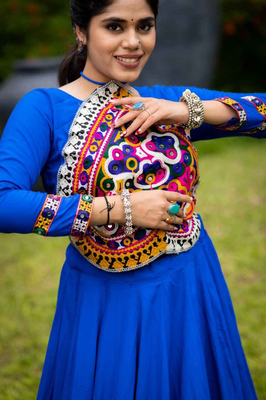 Blue Pure Rayon Cotton Plain With Work Navratri Lehenga Choli