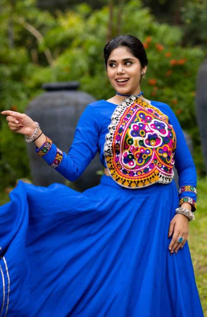 Blue Pure Rayon Cotton Plain With Work Navratri Lehenga Choli