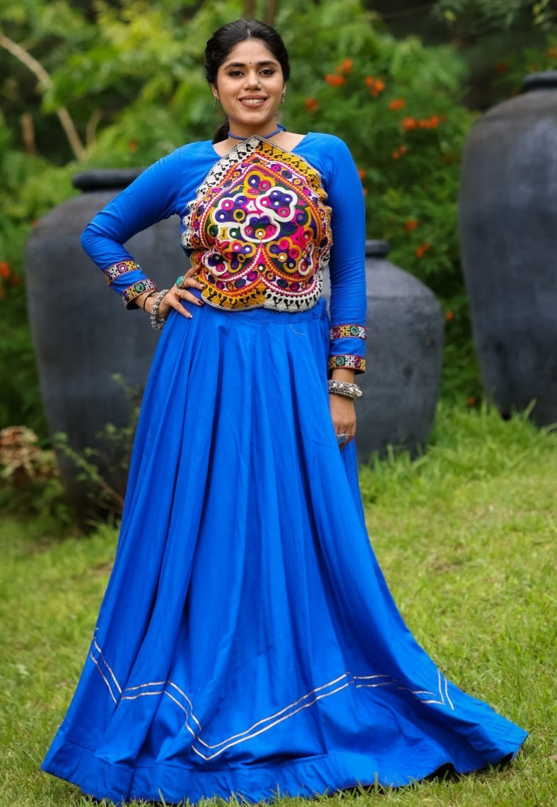 Blue Pure Rayon Cotton Plain With Work Navratri Lehenga Choli