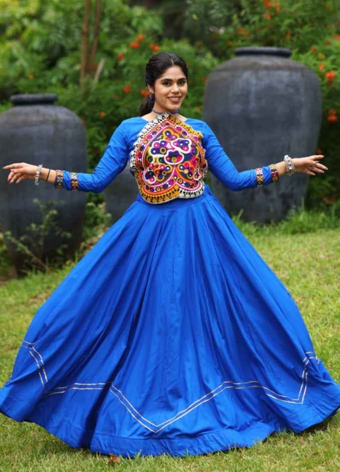 Blue Pure Rayon Cotton Plain With Work Navratri Lehenga Choli