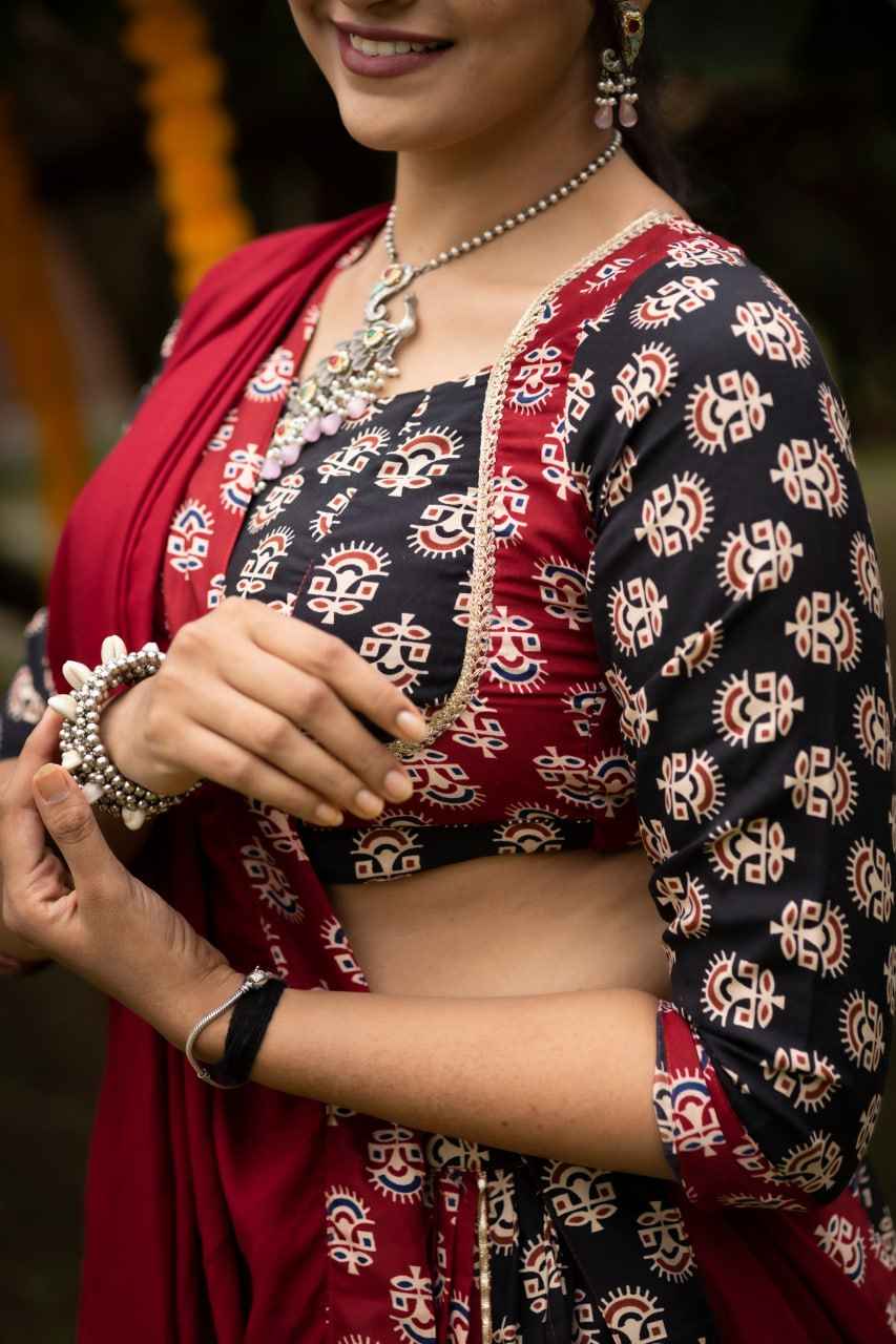 Maroon Pure Two Color Ajrakh Prints Navratri Lehenga Choli