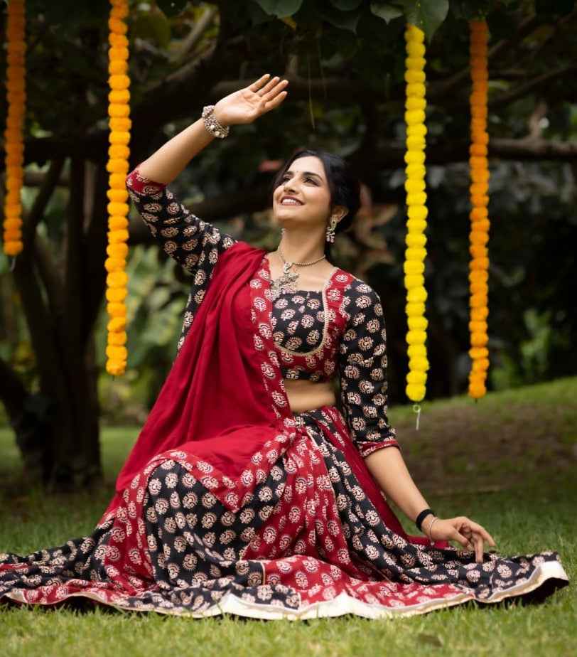 Maroon Pure Two Color Ajrakh Prints Navratri Lehenga Choli
