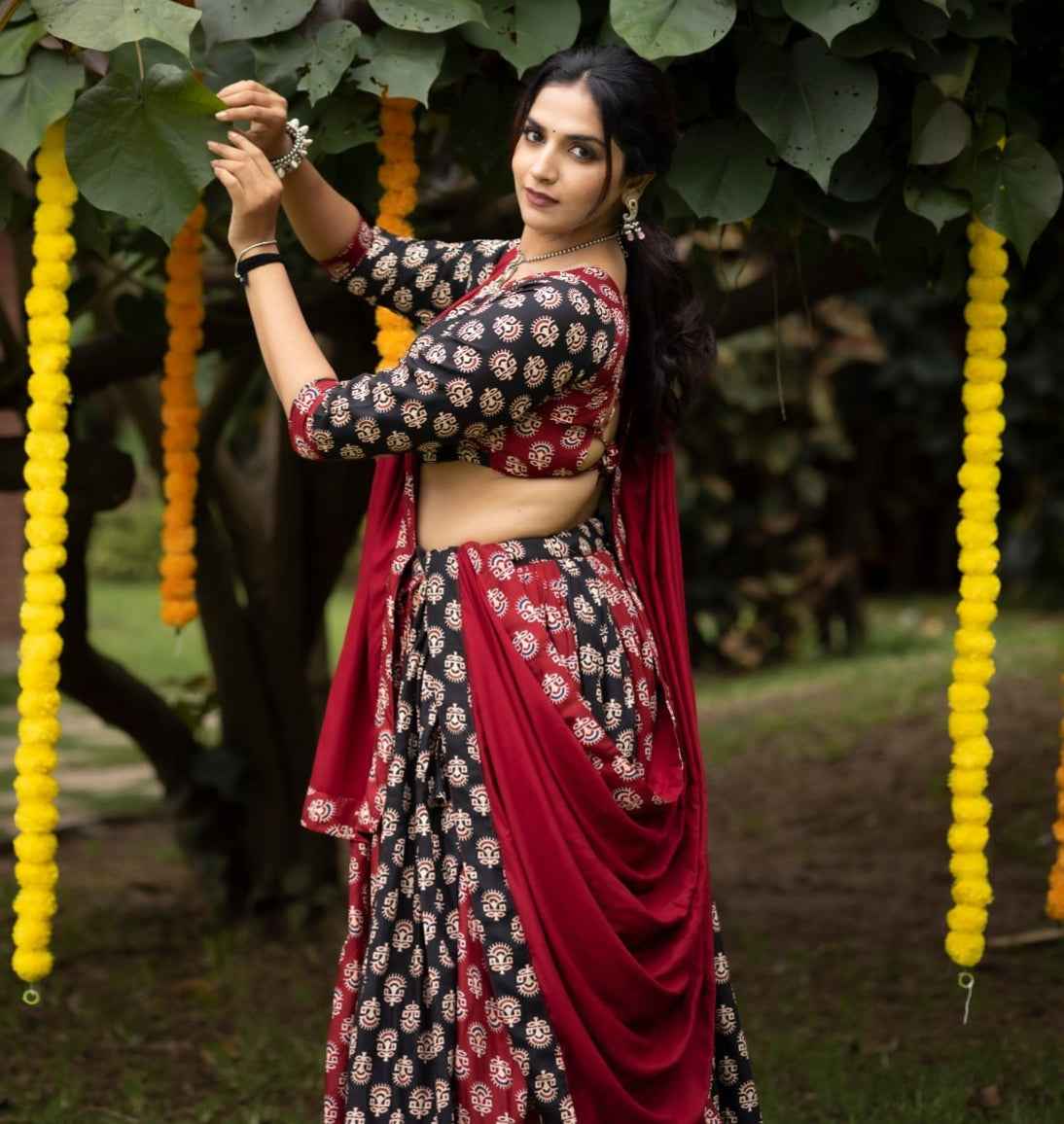 Maroon Pure Two Color Ajrakh Prints Navratri Lehenga Choli