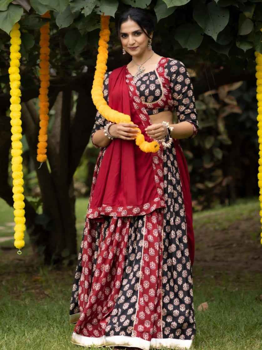 Maroon Pure Two Color Ajrakh Prints Navratri Lehenga Choli