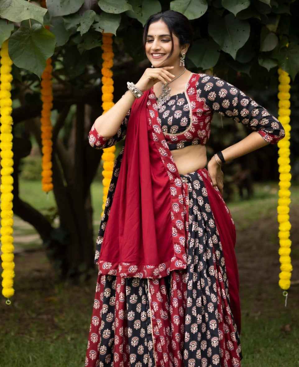 Maroon Pure Two Color Ajrakh Prints Navratri Lehenga Choli