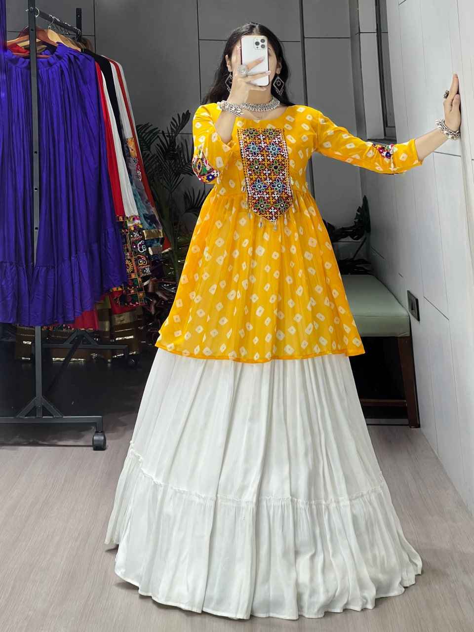 Yellow Pure Rayon Cotton Plain With Frill Pattern Navratri Lehenga Choli