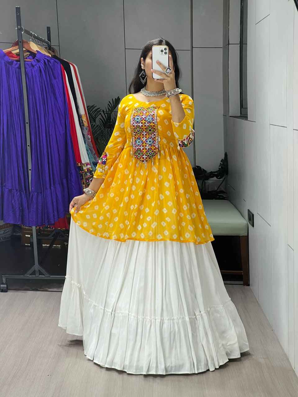 Yellow Pure Rayon Cotton Plain With Frill Pattern Navratri Lehenga Choli