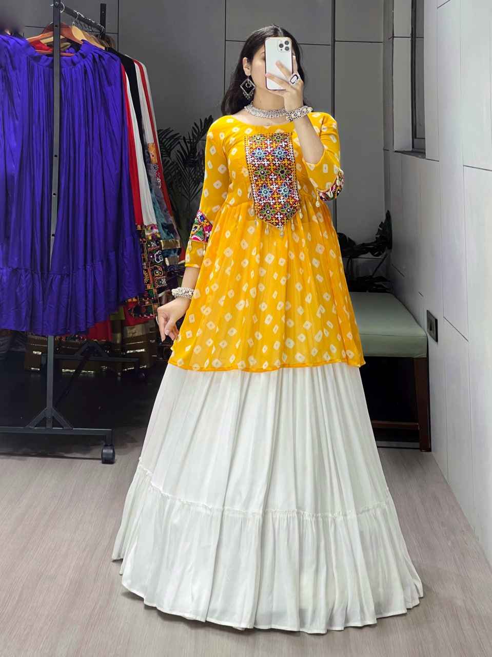 Yellow Pure Rayon Cotton Plain With Frill Pattern Navratri Lehenga Choli