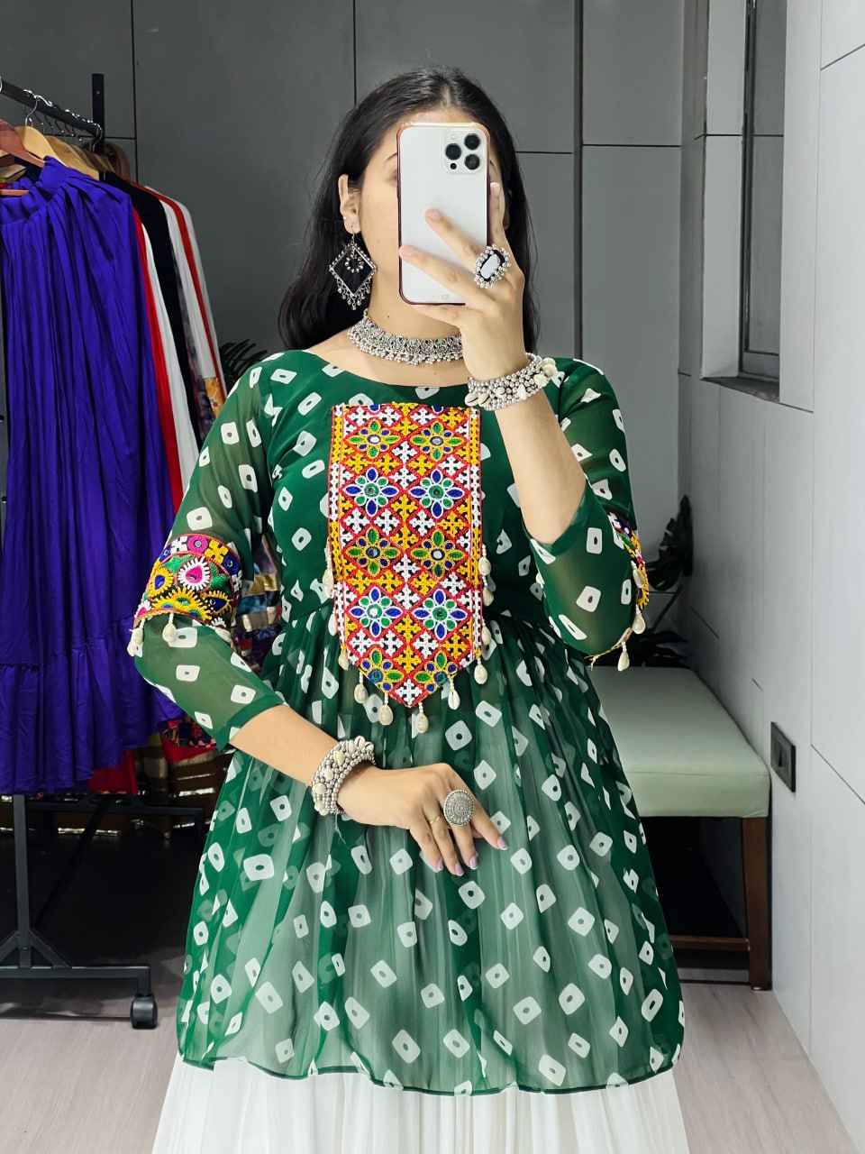 Green Pure Rayon Cotton Plain With Frill Pattern Navratri Lehenga Choli