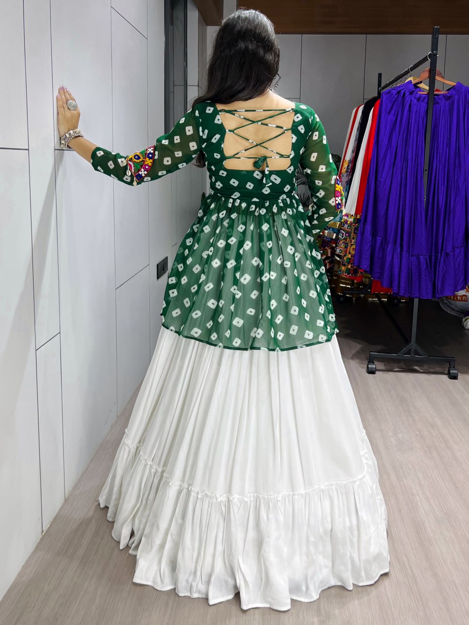 Green Pure Rayon Cotton Plain With Frill Pattern Navratri Lehenga Choli