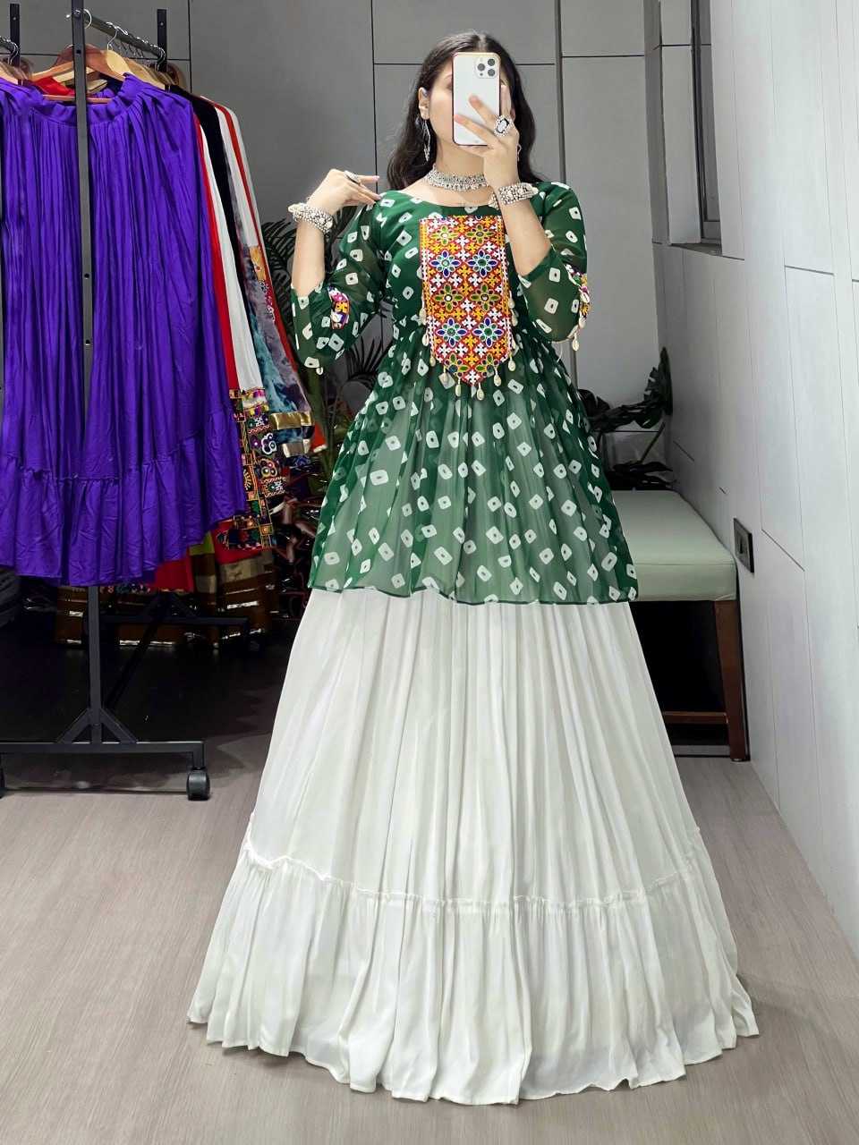 Green Pure Rayon Cotton Plain With Frill Pattern Navratri Lehenga Choli