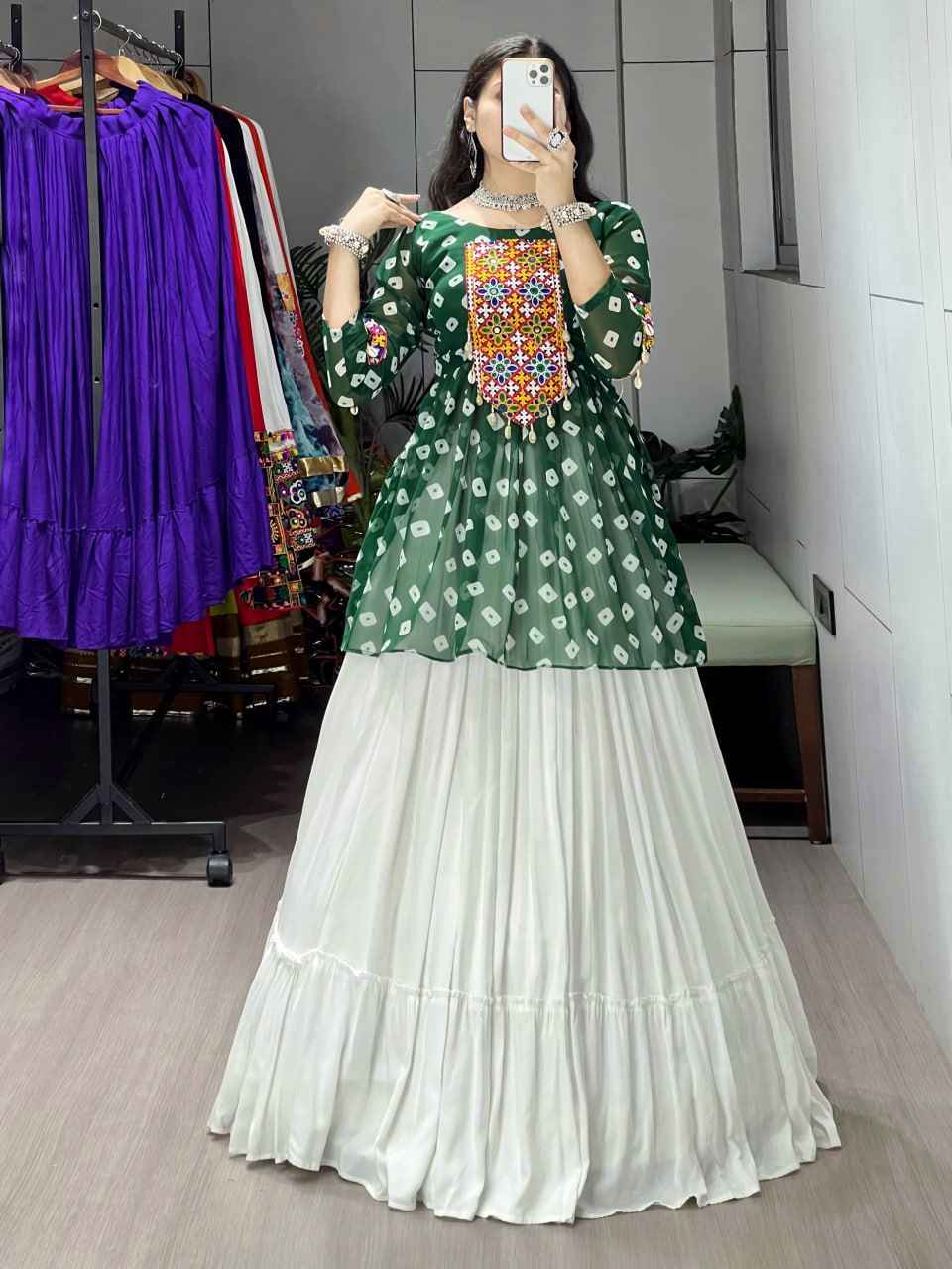 Green Pure Rayon Cotton Plain With Frill Pattern Navratri Lehenga Choli