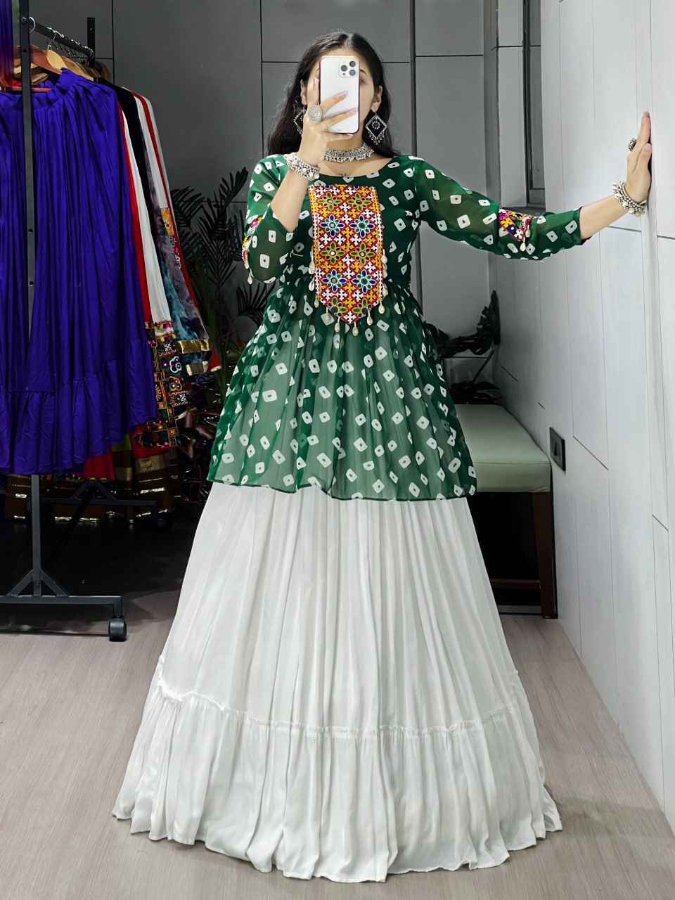 Green Pure Rayon Cotton Plain With Frill Pattern Navratri Lehenga Choli
