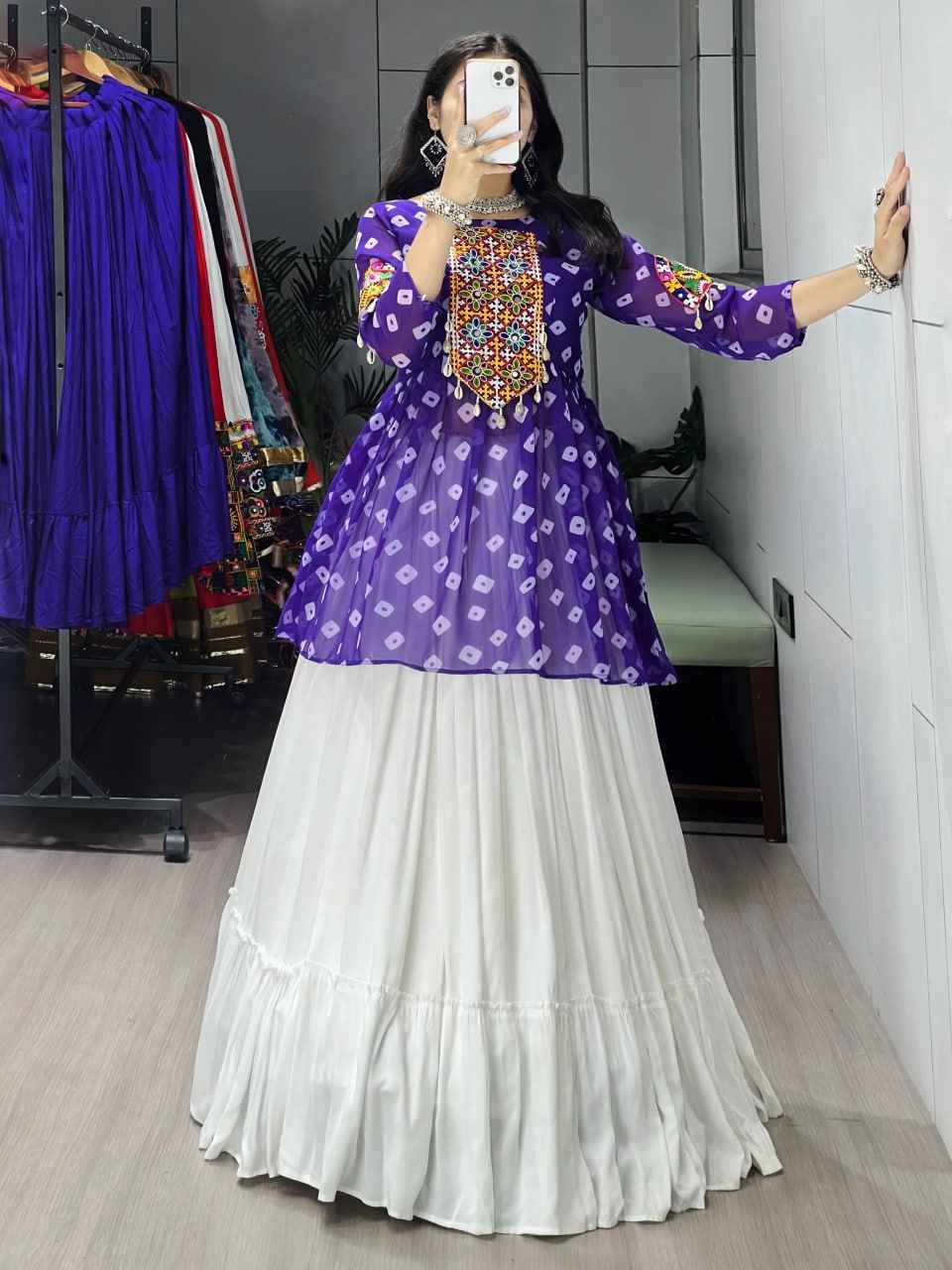 Purple Pure Rayon Cotton Plain With Frill Pattern Navratri Lehenga Choli