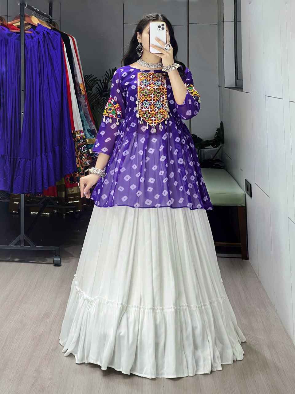 Purple Pure Rayon Cotton Plain With Frill Pattern Navratri Lehenga Choli