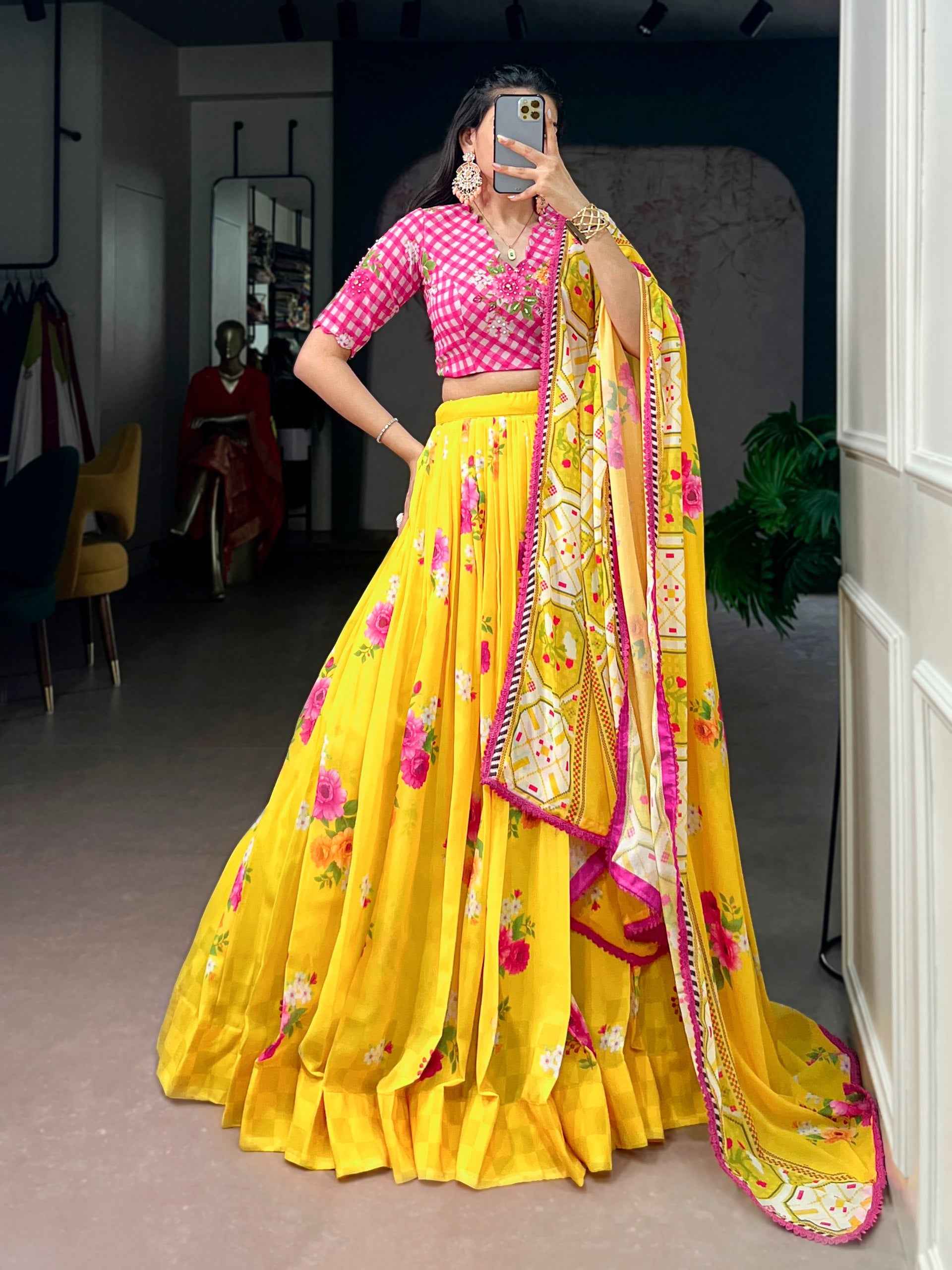 Yellow Pure Floral Georgette Elegant Printed Work Navratri Lehenga Choli