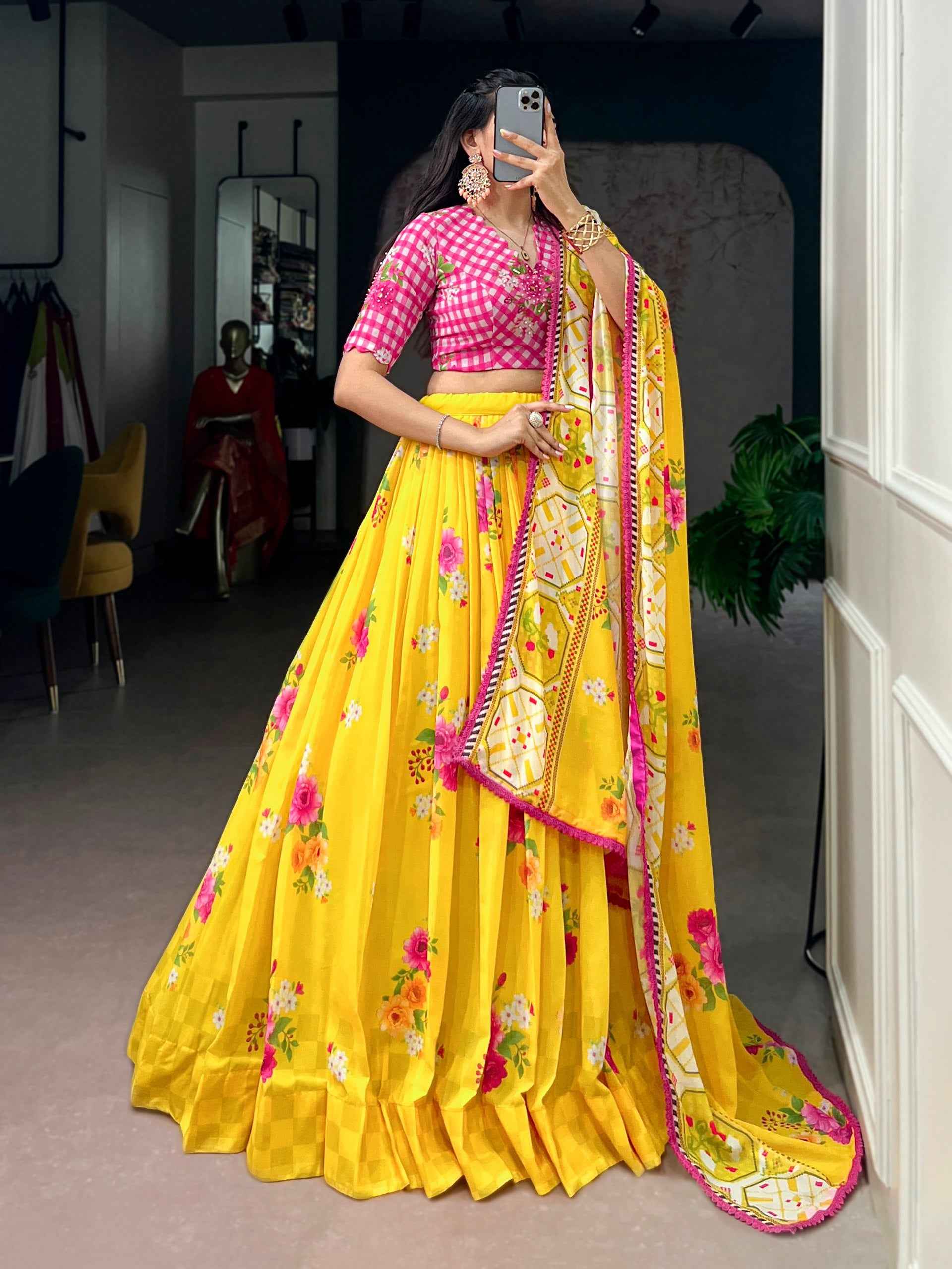 Yellow Pure Floral Georgette Elegant Printed Work Navratri Lehenga Choli