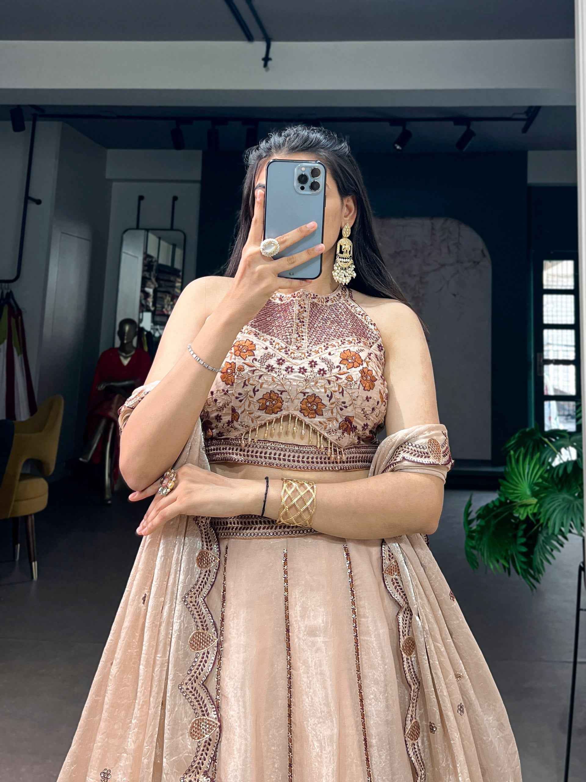 Cream Pure Spider Crush Sequins & Thread Embroidery Work Navratri Lehenga Choli
