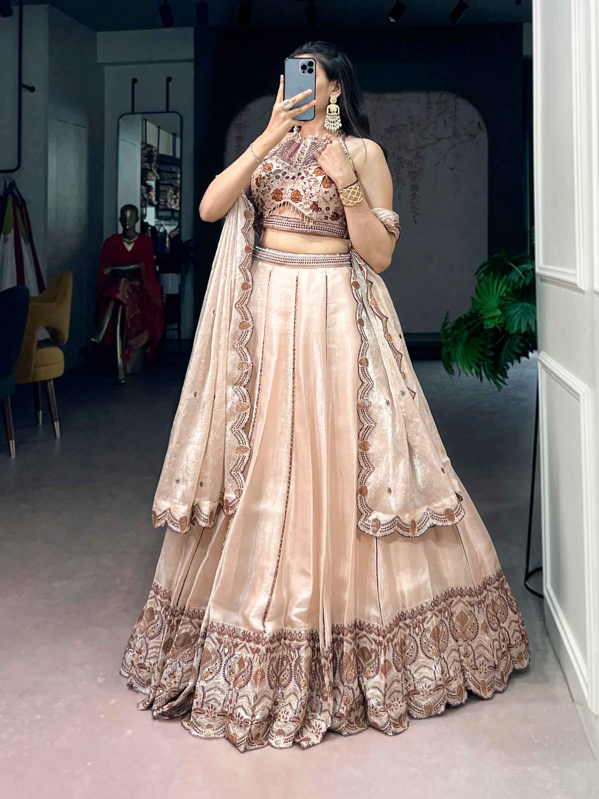Cream Pure Spider Crush Sequins & Thread Embroidery Work Navratri Lehenga Choli