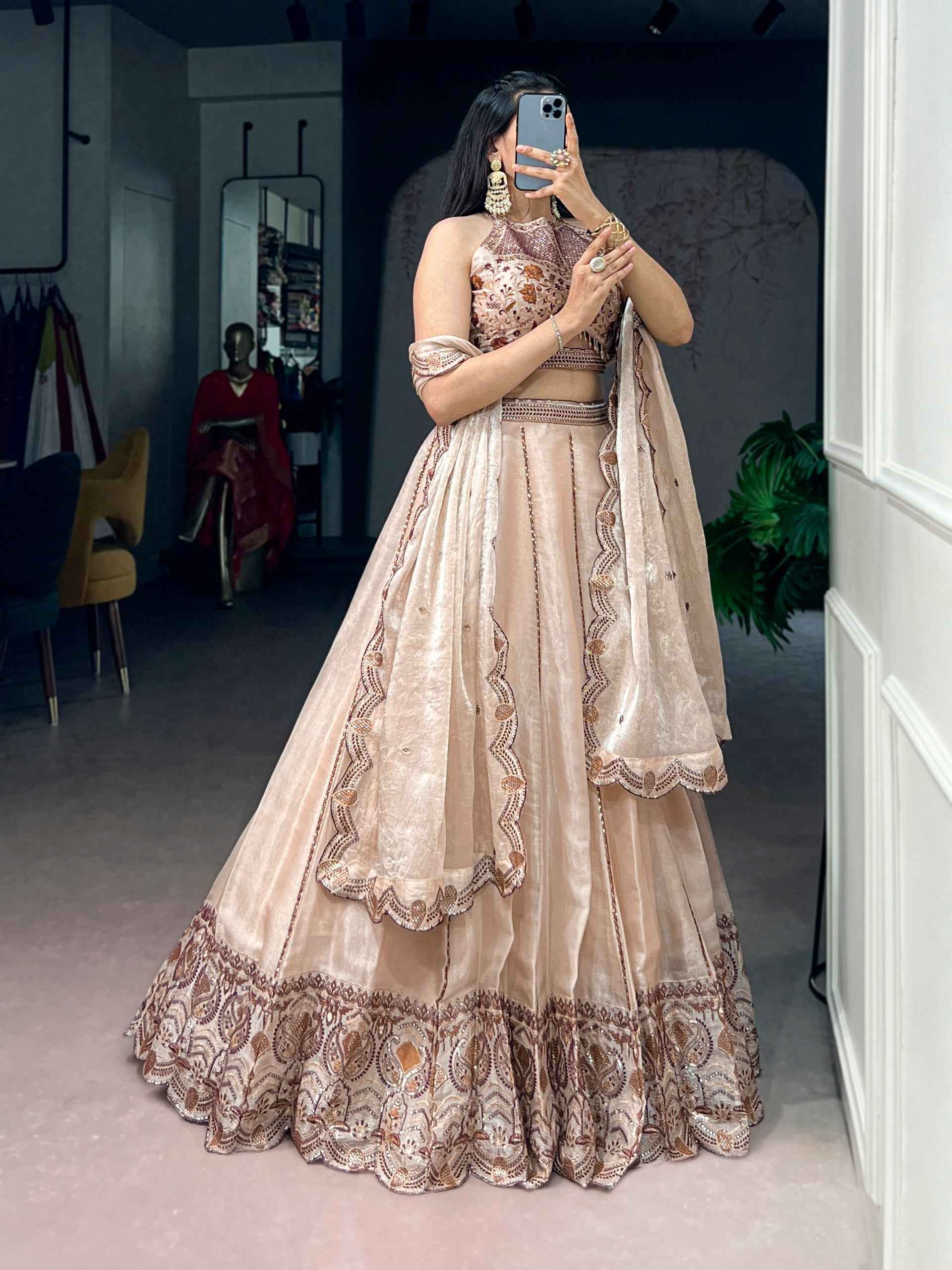 Cream Pure Spider Crush Sequins & Thread Embroidery Work Navratri Lehenga Choli