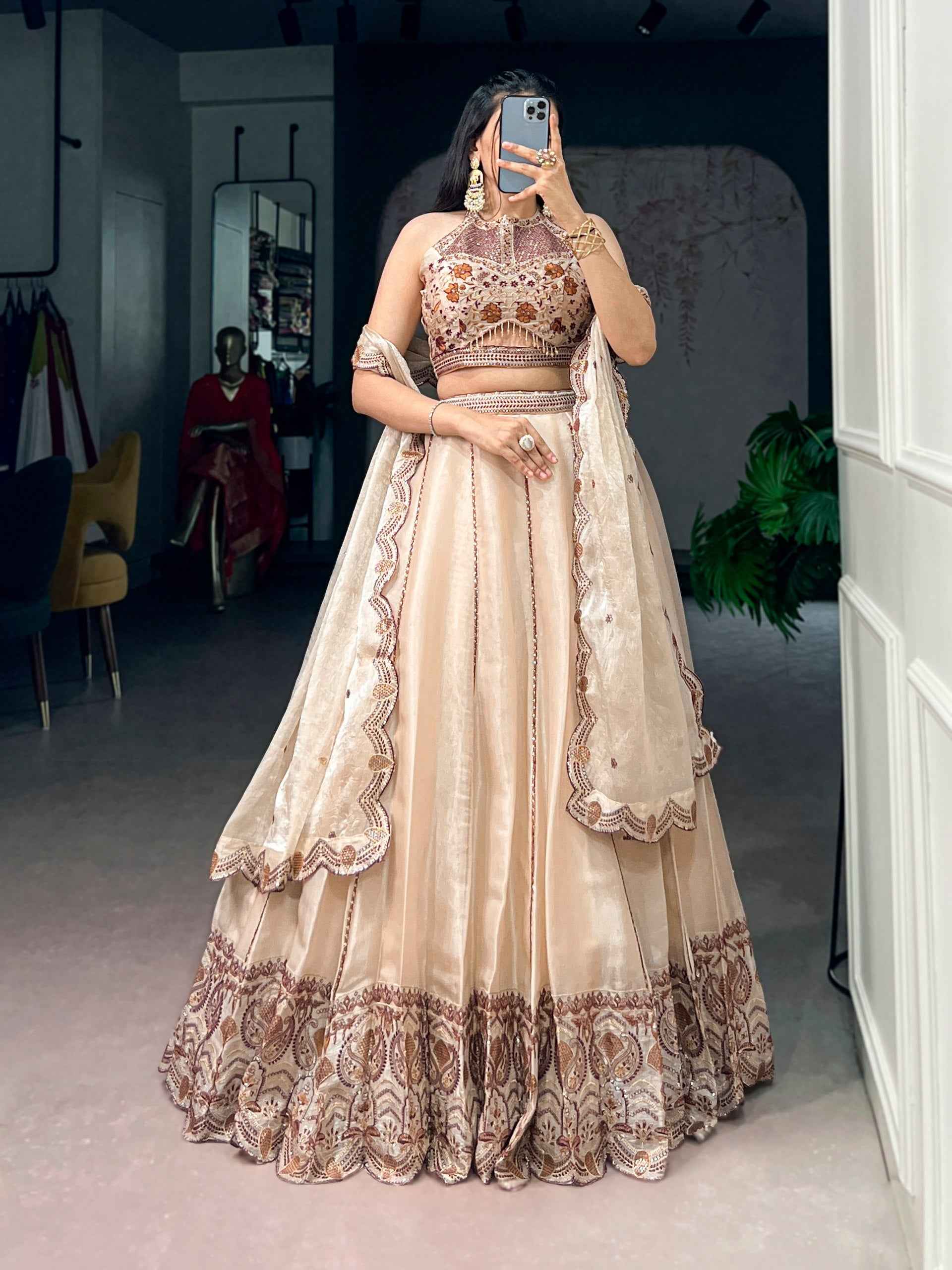 Cream Pure Spider Crush Sequins & Thread Embroidery Work Navratri Lehenga Choli