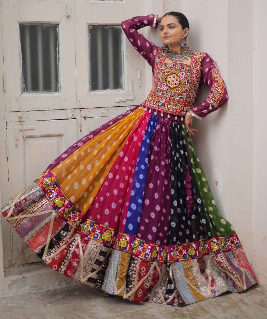 Multicolour Pure Georgette Embroidery Work Navratri Lehenga Choli