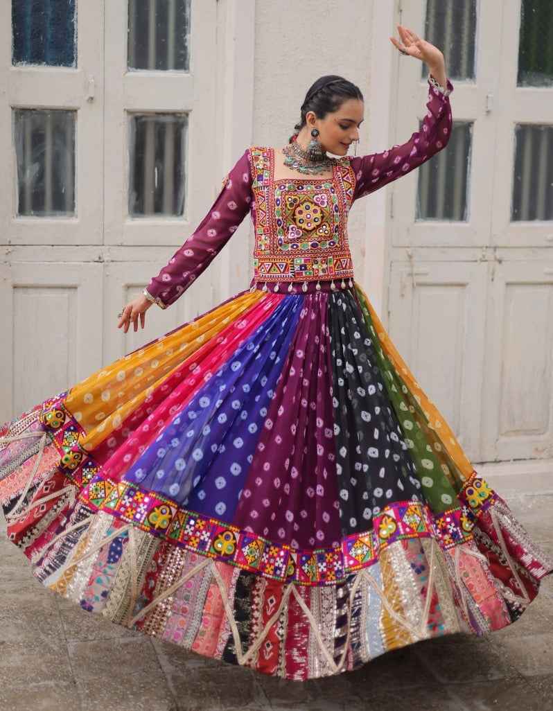 Multicolour Pure Georgette Embroidery Work Navratri Lehenga Choli